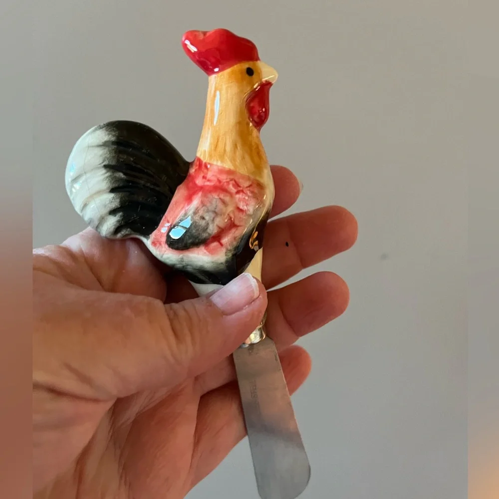 Rooster Ceramic Spoon Handle Butter Knife - Red, Black, Cream